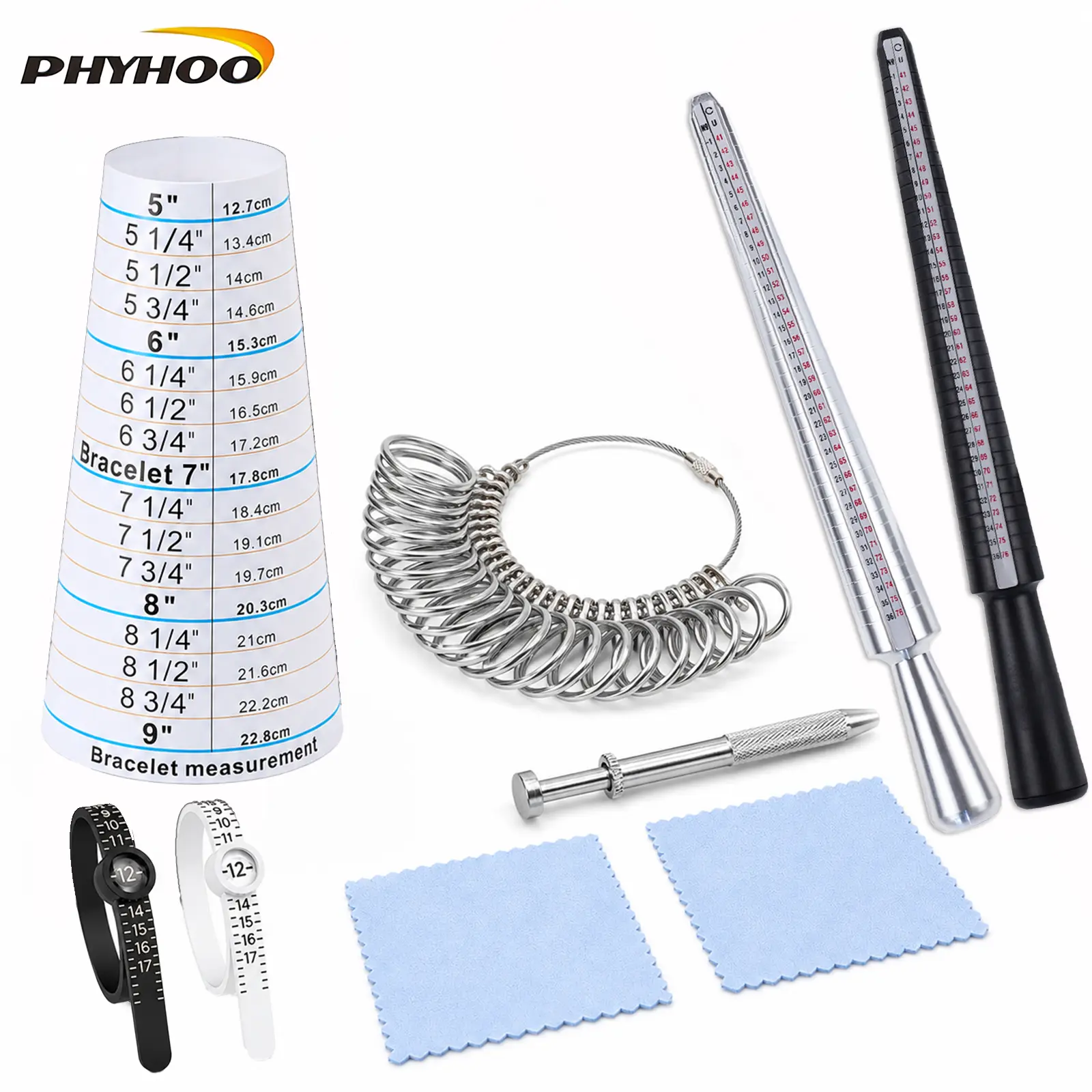 Jewelry Sizing Tool Set, Ring & Bracelet Sizer Kit with Ring Mandrels, Ring Gauge, Bracelet Measuring Cone, Adjustable Ring Sizer Belts and Polishing Cloths