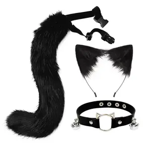 Comfortable 2D Animal Ear Tail Accessory Set Cat Ear Headband Fox Tail Collar Hairpin Mask Purple Fabric Black Women's Costume Accessories