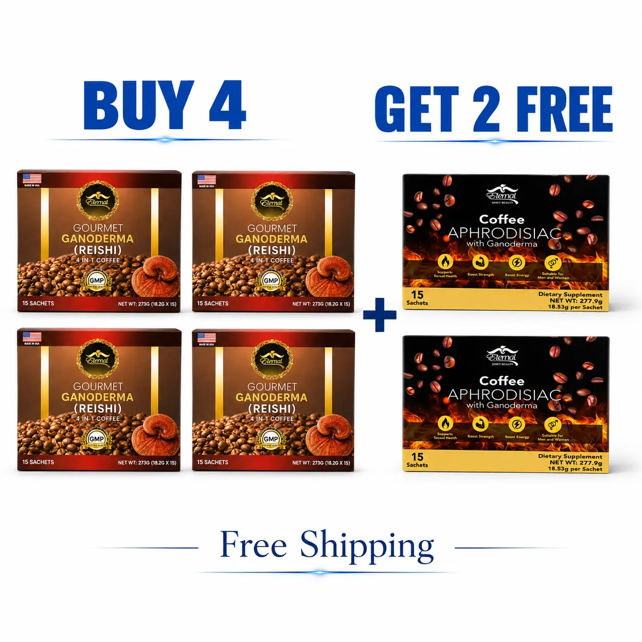 Eternal Spirit Beauty 4-in-1 Ganoderma Reishi Instant Coffee – 4 Boxes + 2 Bonus Ganoderma Coffee Boxes – 6 Boxes Total, 90 Sachets