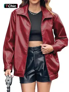 Women's Solid Pocket Zip Up Pu Leather Jacket, Street Fashion Long Sleeve Collared Outerwear for Daily Outdoor Wear, Ladies Clothes for Fall & Winter, Coat Layering Women Fashion Comfort Relaxed Flowy