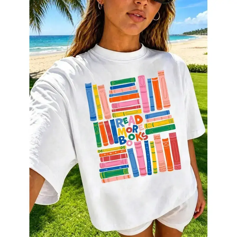Women’s book lover t-shirt, colorful stacked books graphic tee, bookish gift top, cute librarian/bookworm t-shirt, aesthetic loose fit, drop shoulder