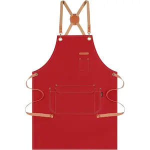Chef Apron for Men Women with  Box Pack, Cross  Apron with Pockets for Kitchen Cooking Baking Artist Painting, Cotton Canvas Work Aprons for Shop, Garden, Restaurant, Cafe (Red)