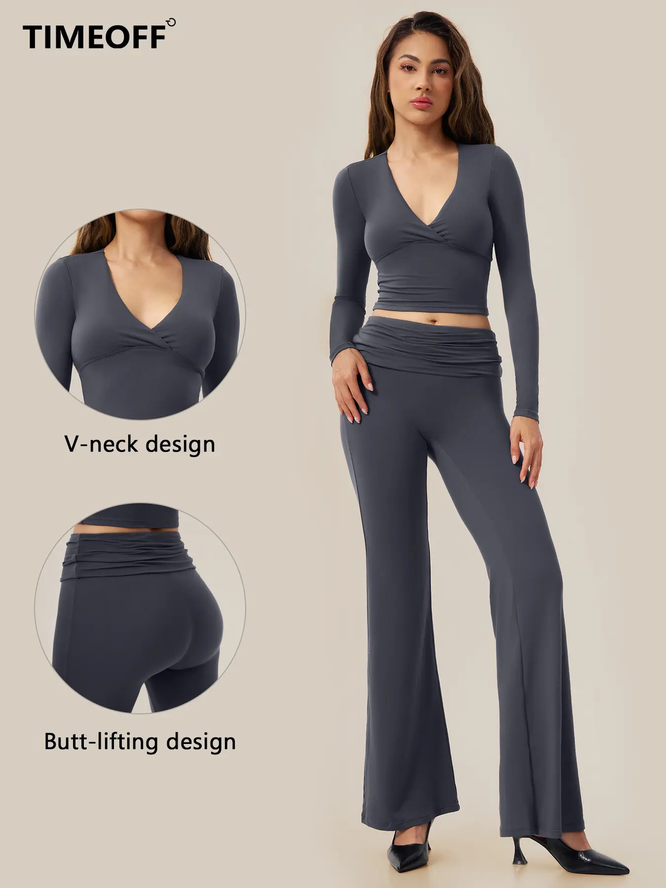 【TIMEOFF】Women 2‑Piece Outfit Set, Deep V‑Neck Long Sleeve Top & Foldable Waist Flare Leggings, Stretchy Soft Fabric, Anti‑slipping High Waist Design for Yoga Workout Fitness Daily Street Wear
