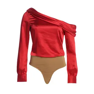 Red Satin Rima Asymmetrical Bodysuit