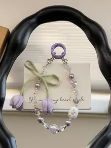 Fashion Elegant Tulip Flower Phone Chain, Crystal Pearl Car Keychain, Hand-Drawn Alloy Bag Charm, All Seasons Accessory