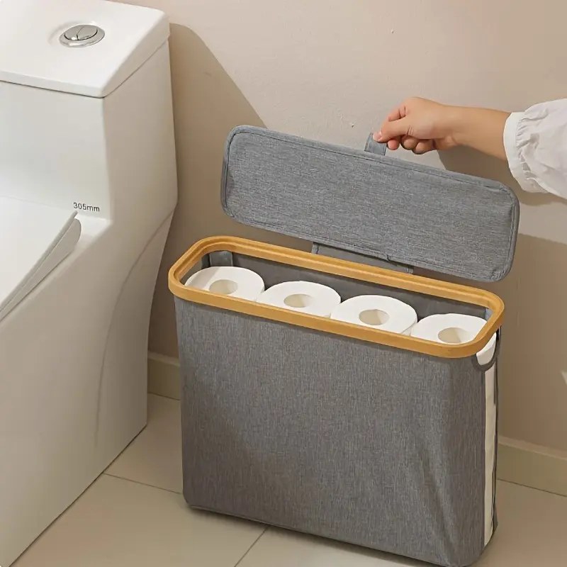 Bamboo Storage Basket with Lid - Large-Capacity, Dustproof, No-Installation Organizer Storage, Vertical Wall-Corner Bathroom Organizer for Tidy Toilet Paper