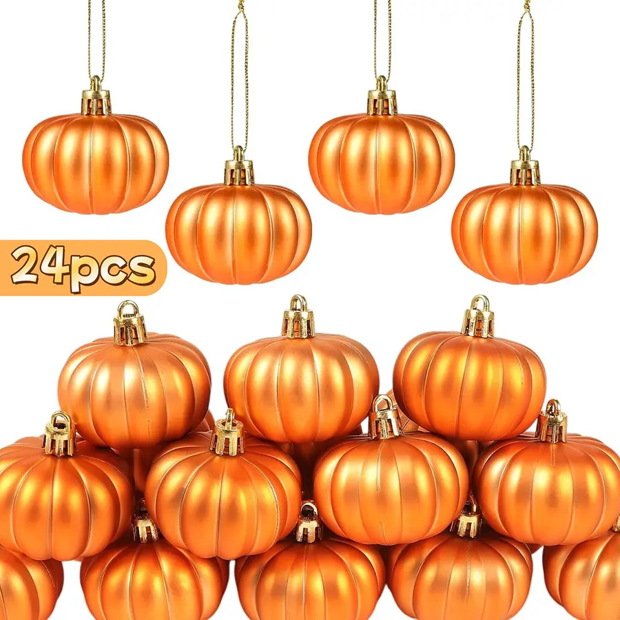 24Pcs Mini Pumpkin Hanging Balls, Fall Tree Ornaments - Orange Festive Hanging Decor for Thanksgiving, Autumn Home Halloween Party Supplies