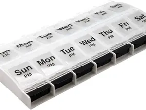 Push Button Pill Case - 7-Day Medicine Planner with Large Compartments, BPA Free, Clear/Light Black, Healthcare, Arthritis Friendly, AM/PM Use