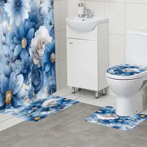 1/4pc blue flower pattern bathroom set, The 4-piece set includes a single shower curtain, anti slip floor mat, toilet U-shaped mat, toilet lid mat, with shower curtain hook, and belongs to bathroom decoration products