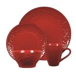 Lorren Home Trends LH526 16 Piece Stoneware Scroll Dinnerware Set, Red