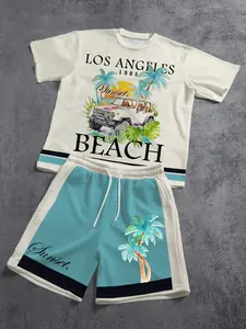 Tropical Coconut Tree Sunset Graphic Print Casual Suit for Men, Summer Breathable Short Sleeve + Shorts, Beach Vacation or Commute Wear