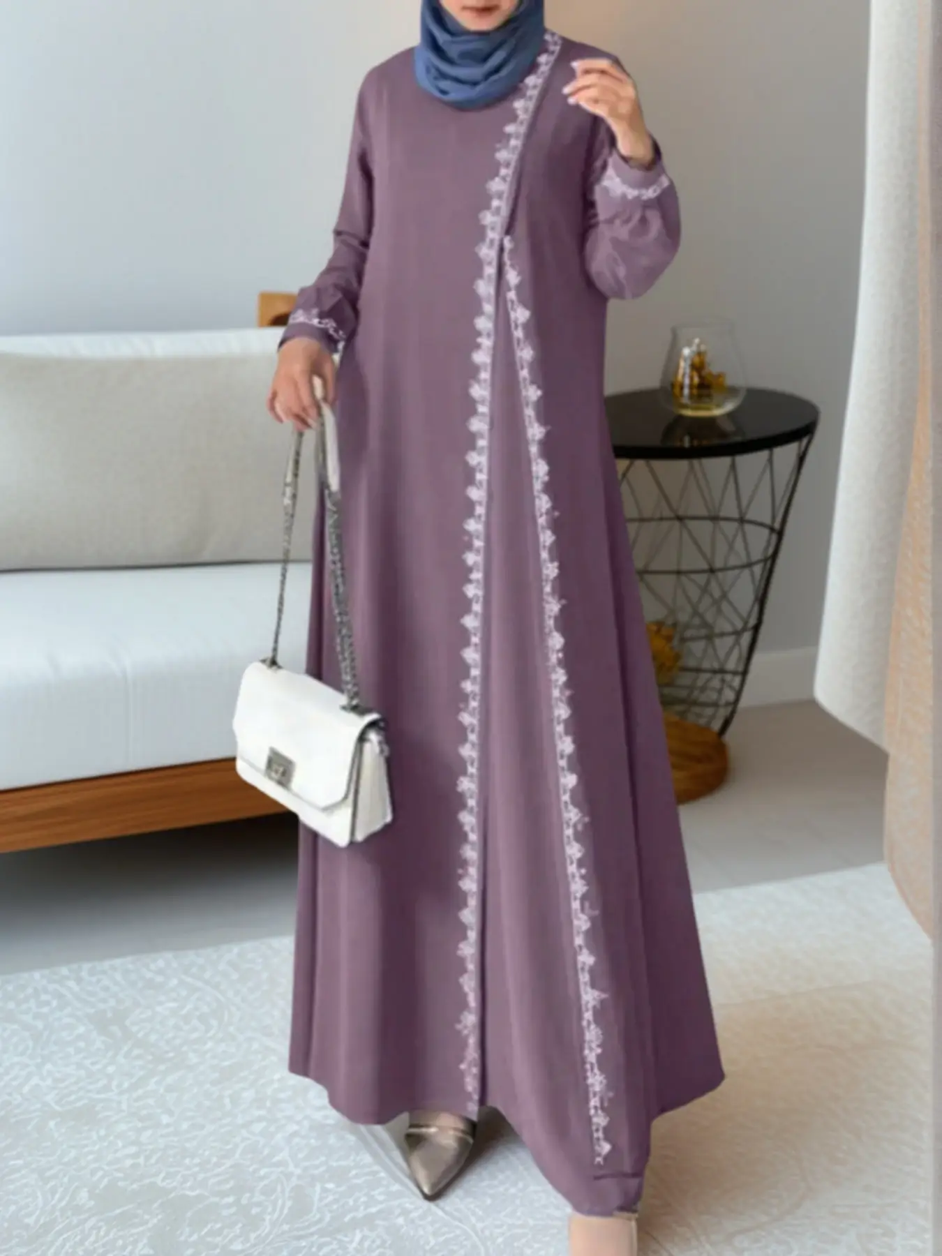 Elegant Women's Long Sleeve Lace Dress, Fashion Round Neck Loose Fit Maxi Dress, Plain Color Casual Dress for All Seasons