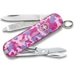 Victorinox Classic SD Swiss Army Knife, Compact, 7 Functions, Swiss Made Pocket Knife with Small Blade, Screwdriver and Key Ring - Pink Camouflage