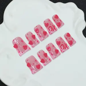 10 pieces of Y2K nail duckbill nail set - handmade, pink nails, pink French pointed nails, handmade 3D love pattern nail art, hand-painted red star design, sparkling nails, Glitter decorative nails, including toolkits, Glittering Fake Nails