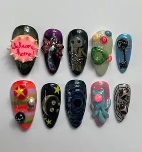 Handmade Coraline Inspired Press On Nails, 3D Other Mother x Black Cat Nail Art, Button Eyes & Secret Key Design