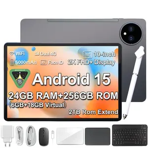 2026 Family 2-in-1 Android 15 Tablet, 10.1" Large Screen,24GB(6GB+18GB) RAM 256GB Storage, Keyboard, Mouse,Stylus, Case Bundle for Kids Learning & Home Use gift