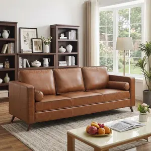 81" Mid Century Modern PU Leather Sofa, 3 Seater Couch with Deep Seat & Cushions, Faux Leather Living Room Sofa for Apartment, Bedroom, Office