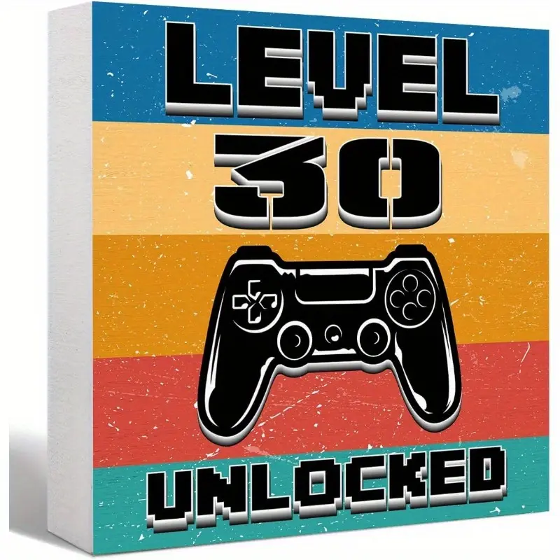Level 30 Unlocked Wooden Block Sign, 30th Birthday Decorative Wood Box Sign Desk, 30th Birthday Gifts for Women Man Friends, 30th Party Decor 5x5 inch
