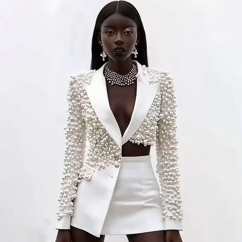 Womens Fashionable Deep V-Neck Heavy-Detailed Beaded Blazer And Skirt Set See size chart under “more details”