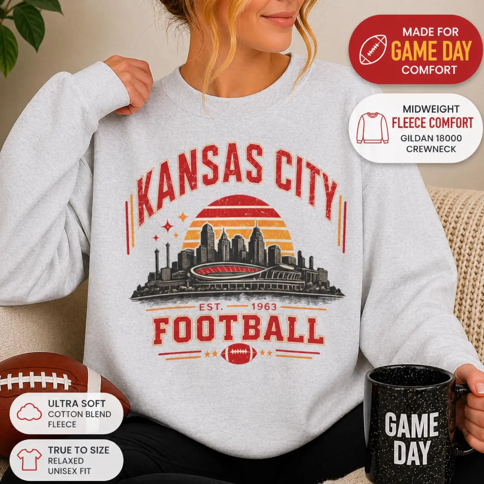 Kansas City Football Sweatshirt, KC Game Day Crewneck, Missouri Football Fan Shirt, Red Gold Yellow Game Day Outfit