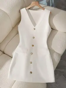 Casual Wear Solid Color Sleeveless Fitted Mini Skirt with Buttons and Fake Pockets, Perfect for Evening Dates, Stylish, Aesthetic, Minimalist and Comfortable Women's Fashion