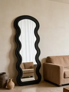 Black Flannel Wavy Full Length Mirror, Floor or Wall Mounted Decorative Mirror for Bedroom & Living Room, Durable Fade-Resistant Irregular Mirror