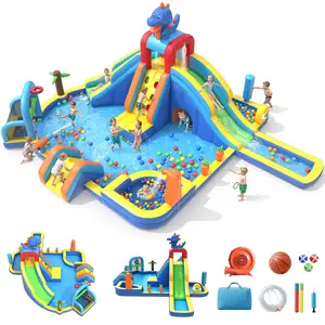 MUKDIY 2026 Inflatable Bounce House with 350W/750W Air Blower, Heavy-Duty 840D Jumper Castle with Slide & Splash Pool for Kids Backyard, Multiple Sizes & 10-in-1 Water Park Available (Ages 3-8)
