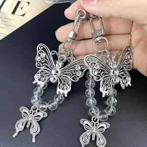 1 piece crystal light bead silver double butterfly metal mobile phone lanyard transparent bead bag keychain earphone storage pendant DIY mobile phone case