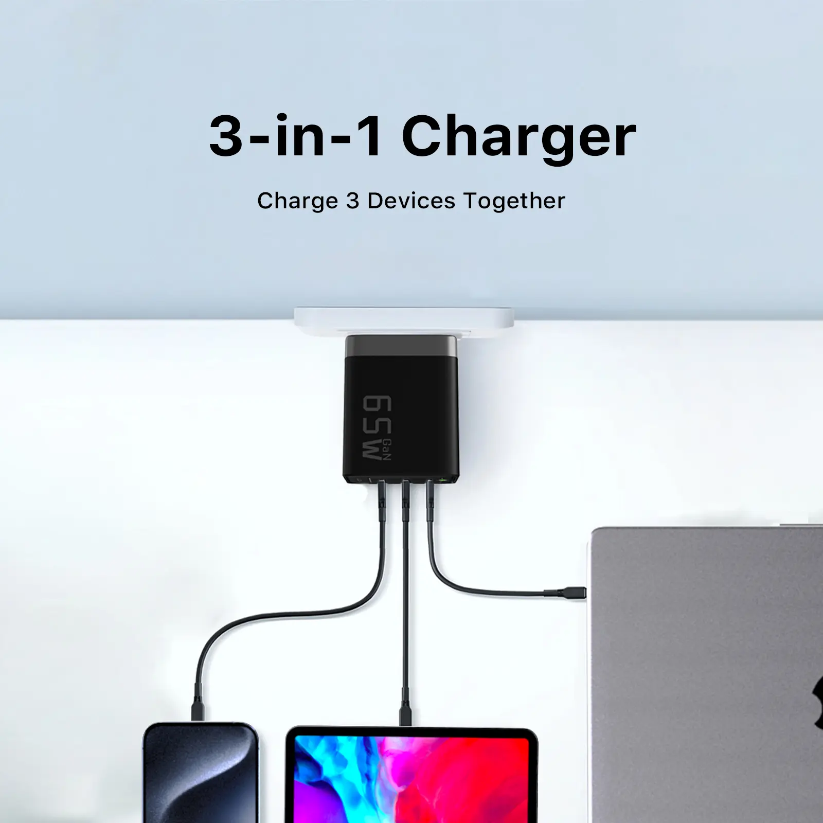 3-in-1 Fast Charger, J1611 GaN 65W Charger, 3 Ports Fast Charging Brick, JUOVI Foldable Wall Charger, Compatible with HP Spectre, MacBook Pro/Air, Dell XPS 13, iPad Pro, iPhone 15/Pro, Galaxy S23, Apple Watch Smartphone Cellphone