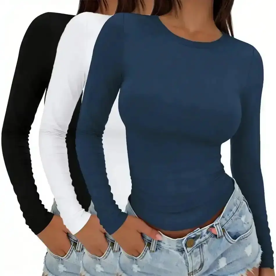 2026 New Women's 3-Piece Longsleeves Crop Top Set - Basic Crew Neck Underscrubs, Soft Fabric, Casual Streetwear for Sports & Outdoor Activities,summerwins