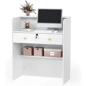 OmySalon Reception Desk with Counter, Small Front Desk w/Lockable Drawer, Wooden Modern Reception Table for Salon Lobby Office Home