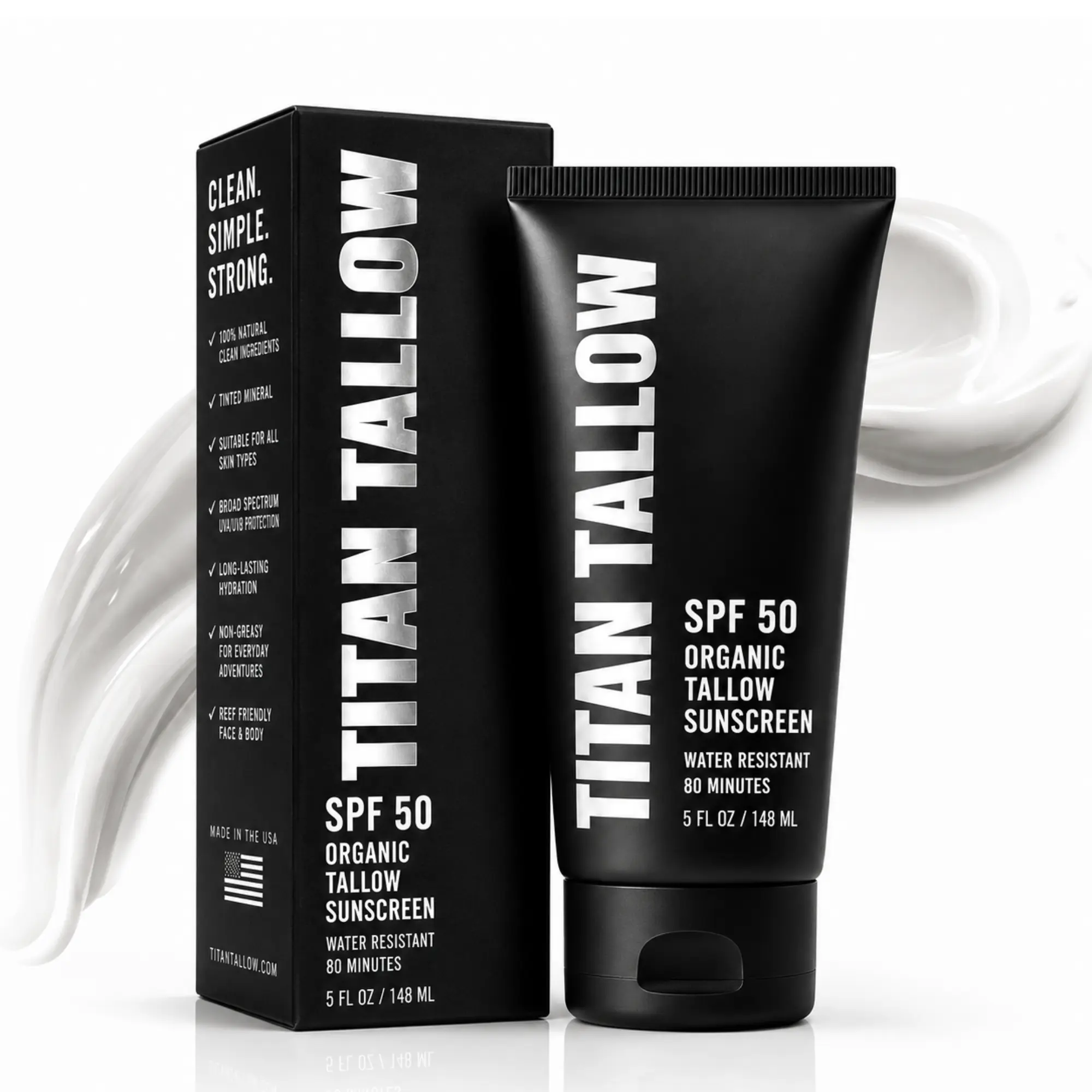 Titan Tallow SPF 50 Organic Tallow Sunscreen, Water Resistant 80 Minutes, Daily Sun Protection, 5 Fl Oz / 148 mL