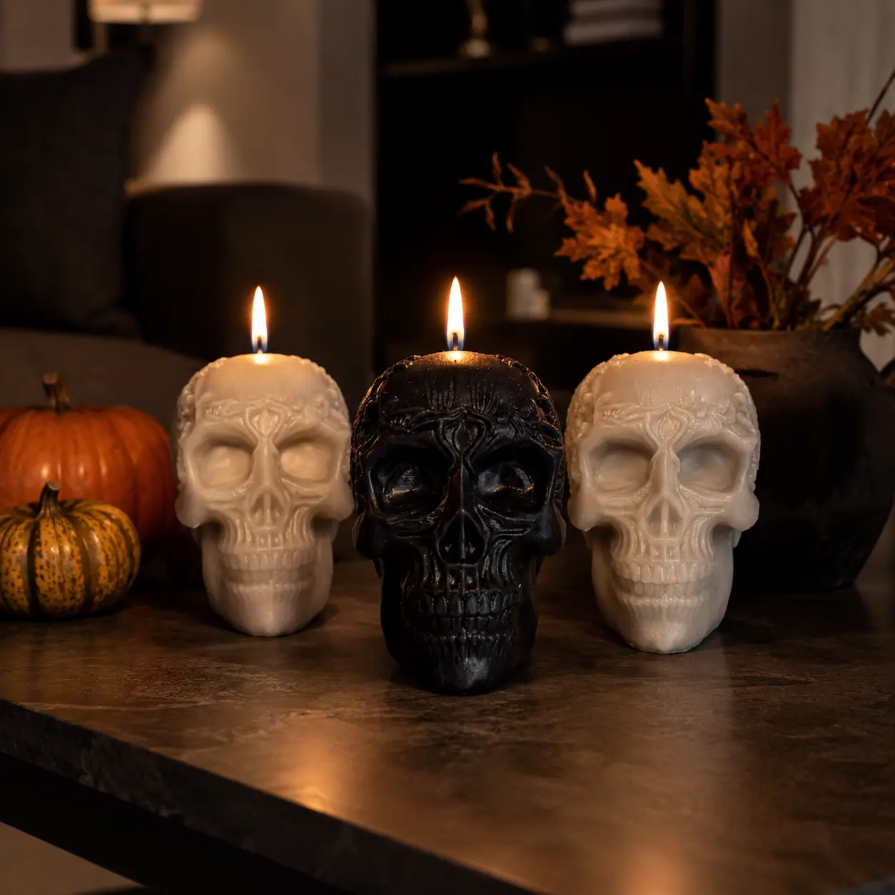 Ornate Skull Candle, Black White or Gray Sculpted Wax Halloween Decor, Gothic Table Centerpiece for Spooky Parties, Haunted Home and Gift Giving