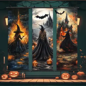 Witch Themed Hanging Banner, 3 Counts/set Scary Pattern Wall Art, Wall Decor for Home Living Room Bedroom, Vanity Decor Accessories