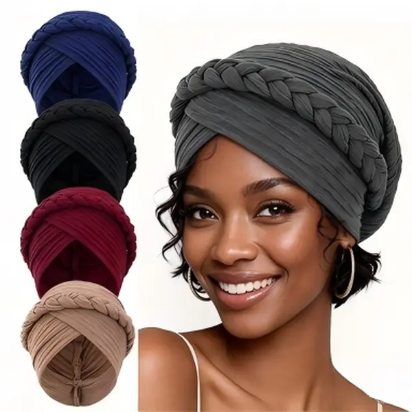 Women Braided Turban Hat, Soft Stretch Head Wrap, Pre-tied African Style Headscarf for Daily Wear, Hair Protection Sleep Cap