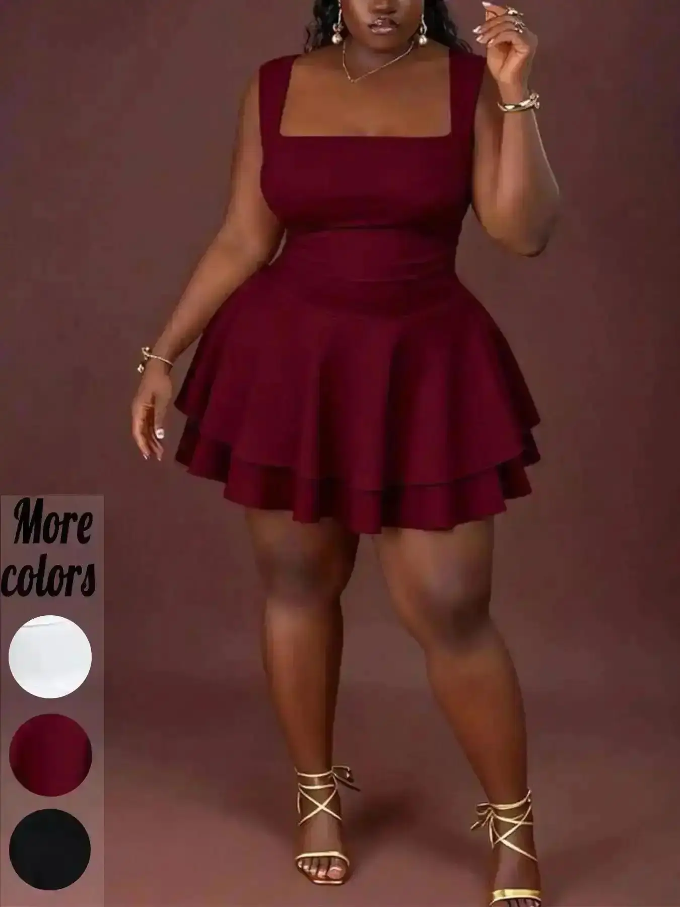 Modern A Line Dress, [Plus-Size]1 Piece Square Neck Tiered Ruffle Skater Mini Dress, Y2K Sweetheart Style, Stretchy Cinched Waist & Double-Layer Hem, For Curvy Women, Perfect Date Night, Brunch & Party Outfits, Women's