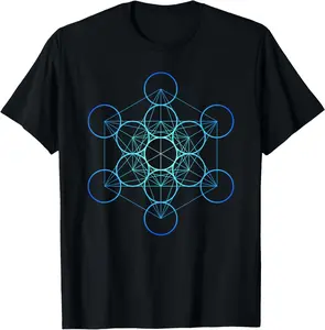 Men's Short-Sleeve Natural Cotton Tshirt - Soft Round Neck, Indigo Metatron's Cube Sacred Geometry Graphic T Shirts, Streetwear Casual Fashion Top