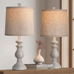 Traditional Table Lamp Set of 2, Rustic Farmhouse Table Lamps for Living Room Bedroom, 22" Vintage Bedside Desk Nightstand Lamps with Linen Shades, Antique Grey
