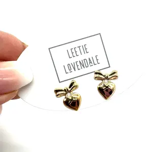 Heart with Bow Deadtock Gold Stud Earrings