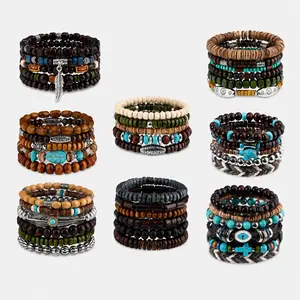 41/44 PCS Wooden Beaded Bracelets for Men Larger Size Adjustable Punk Braided Wooden Bracelet Bulk Wood Bangles Wristbands Meaningful Jewelry Gift