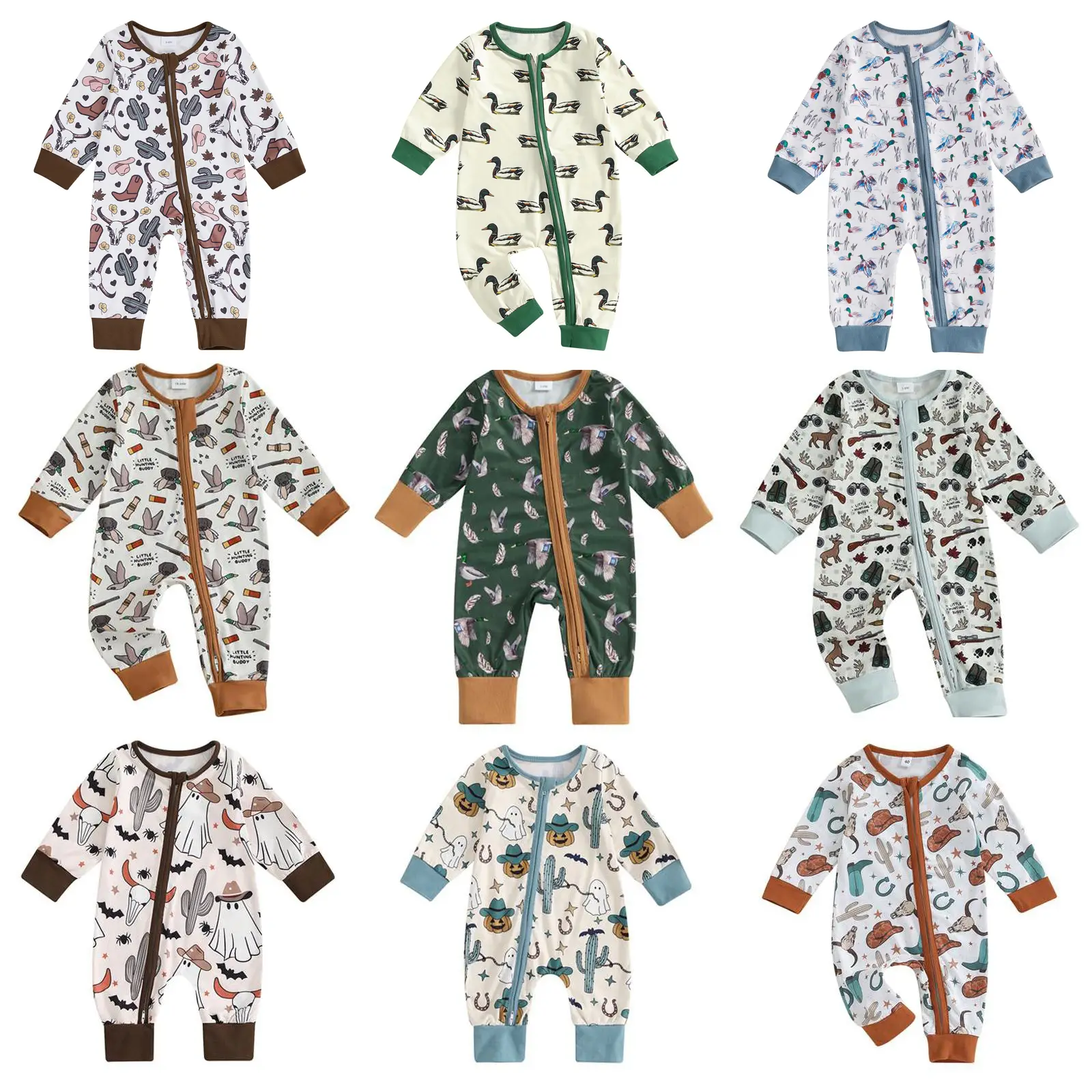 Baby Duck Hunting Clothes Infant Boy Girl Mallard Duck Romper Western Baby Long Sleeve Zipper Pajamams Jumpsuit Infant Fall Outfit