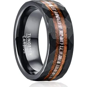 8mm Tungsten Ring for Men, Black Inlaid  Barrel  Antler Hammered Tungsten Wedding Bands Customize Engraved Ring Fit Men Women Size 7-12