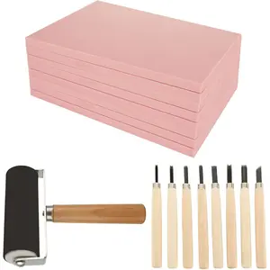 10 Pack Rubber Stamp Making Kit - Block Printing Kit, Linoleum Carving Tools with 8 Type Blades, 8 Pcs Pink Rubber Carving Block and Rubber Brayer Roller