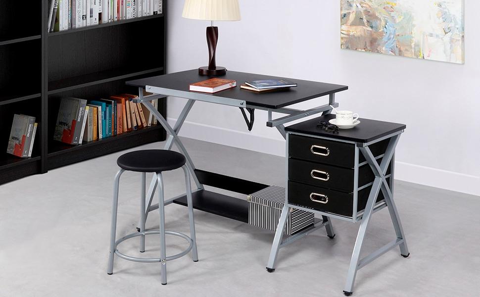 Yaheetech Height Adjustable Drafting Table & Stool Set, Drawing Table Art Desk with Stool and Storage Drawers, Painting Studio Design Work Station