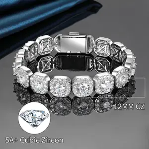 GEMSME Iced Out Hiphop Bracelet 12MM Square Zirconia Halo Tennis Bracelet 2 Colors VVS1 Clarity Hypoallergenic Perfect Gifts for Men Women Birthday Engagement Wedding Party Accessories B-0006