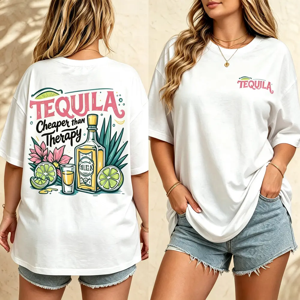 Tequila Cheaper Than Therapy Graphic Tee Women Crewneck Oversized Loose Fit 100 Percent Cotton Soft Casual Summer T Shirt For Vacation Beach Brunch