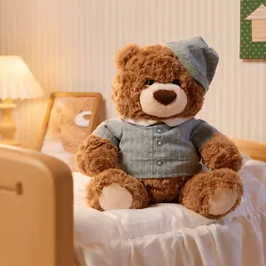 MINISO Teddy Bear Overalls Sitting Plush Toy, Soft Cuddly Stuffed Animal Bear Doll for Bed Sofa Room Decor, Sweet Gift for Kids Girls and Friends