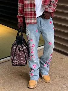 Men's Casual Washed Floral Embroidered Jeans, Slim Fit Bell Bottoms, Fashionable Comfort Design, Perfect for Daily Wear, Brand Quality