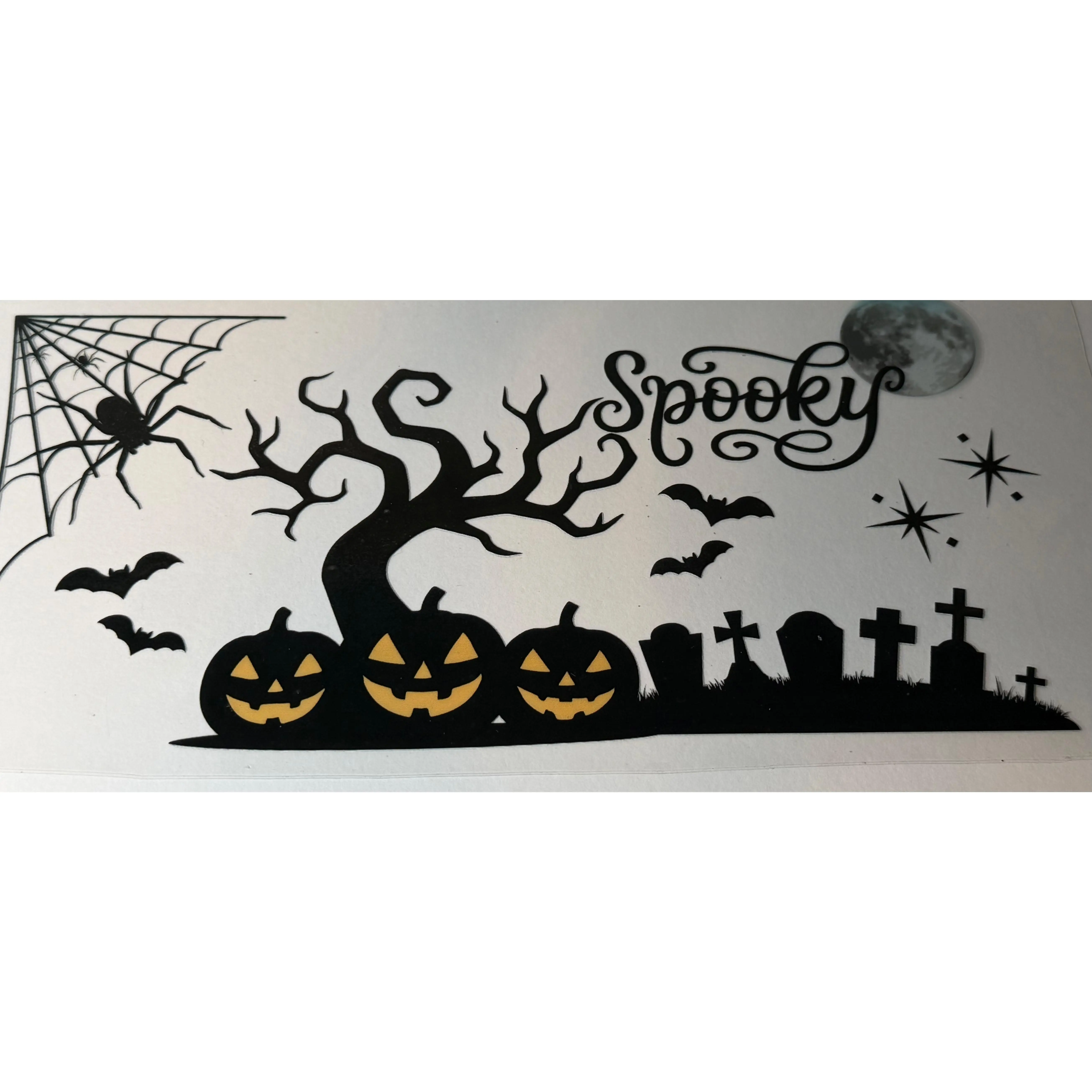 Spooky Halloween UV DTF Decal | Haunted Pumpkin Scene Transfer | Spooky Quote Cup Wrap | Ghost Tree & Graveyard
