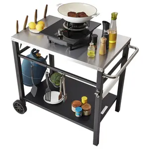 【Summervibes】VEVOR Outdoor Grill Dining Cart with Double-Shelf,  , BBQ Movable Food Prep Table, Multifunctional Stainless Steel Table Top, Portable Modular Carts for Pizza Oven, Worktable with 2 Wheels, Carry Handle